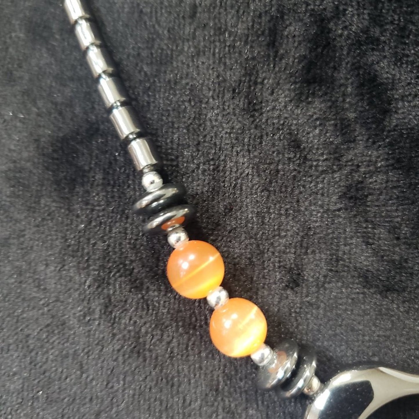 Womens Genuine Hematite Stones and Orange Beads Heart Shaped Pendant Necklace