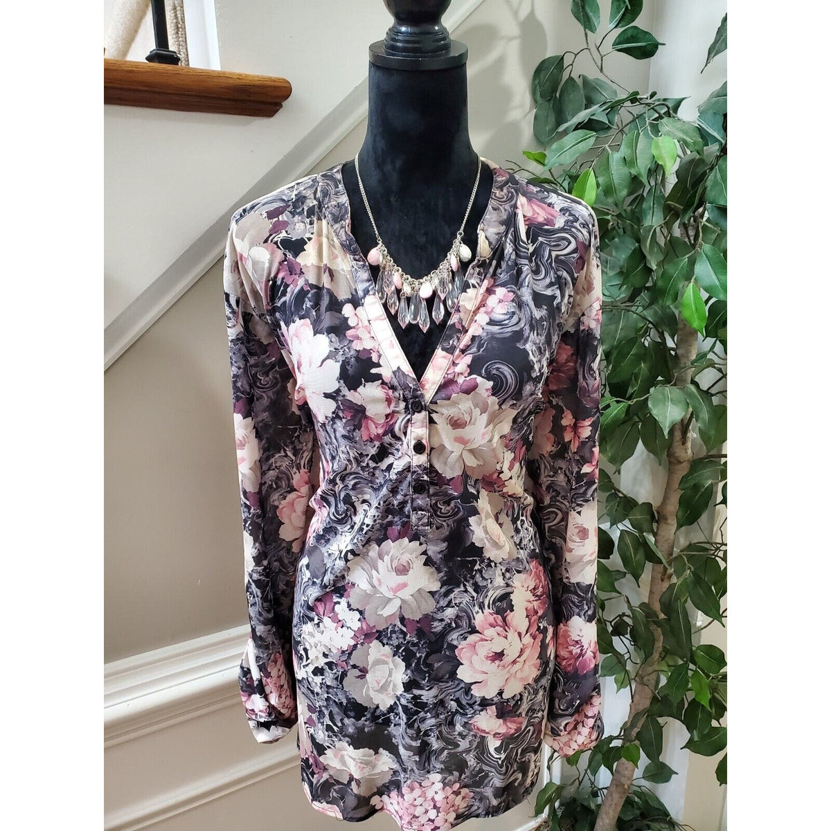 G Collection Women Floral Polyester V-Neck Long Sleeve Casual Top Blouse Size 2X