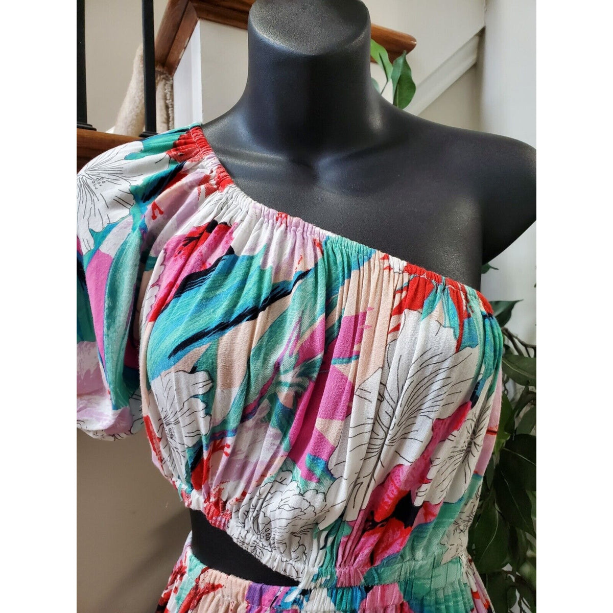 America & Beyond Women Floral Viscose One Shoulder Off Casual Long Maxi Dress M