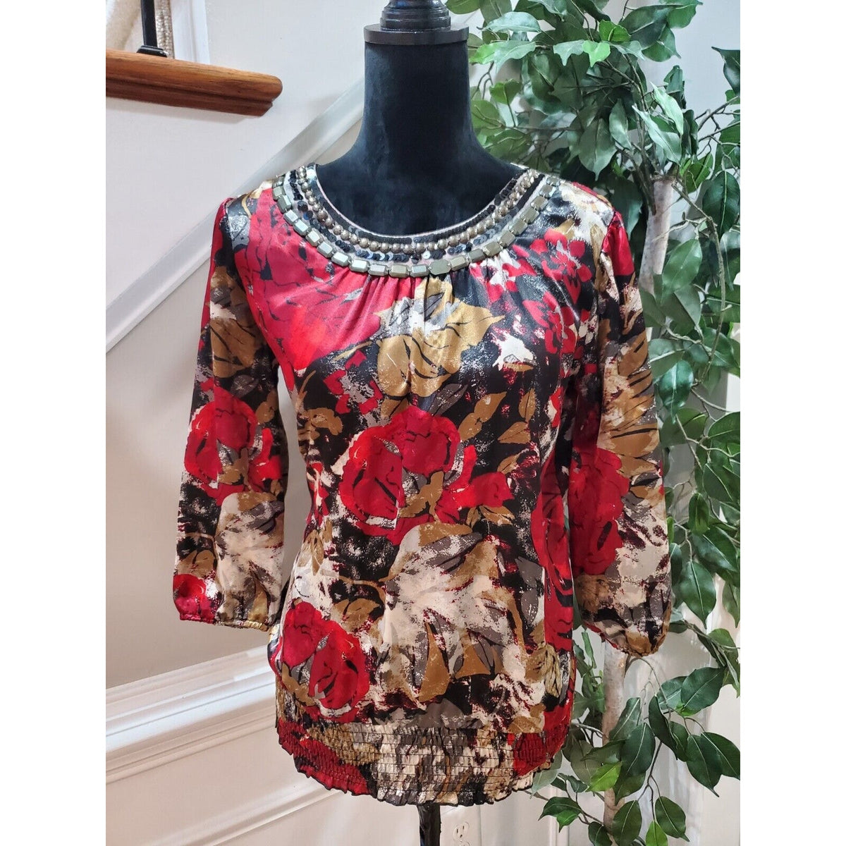 Cato Women Red Floral Polyester Round Neck Long Sleeve Casual Top Blouse Small
