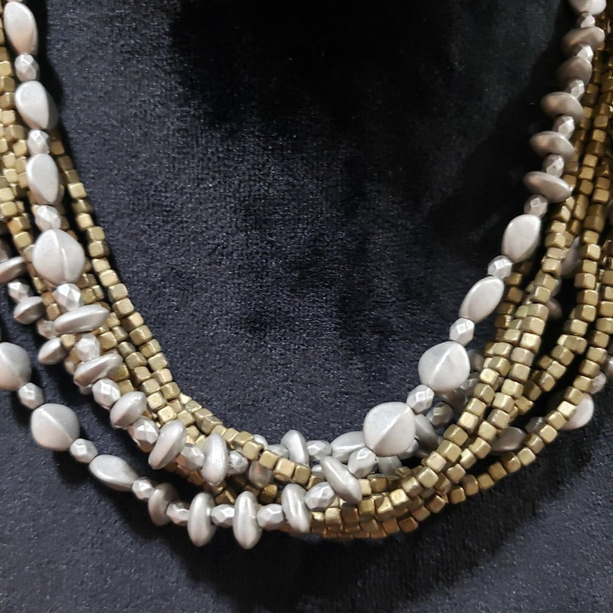 Vintage Boho Multi Strand Necklace Dark Brown Bronze & Silver Bead Choker
