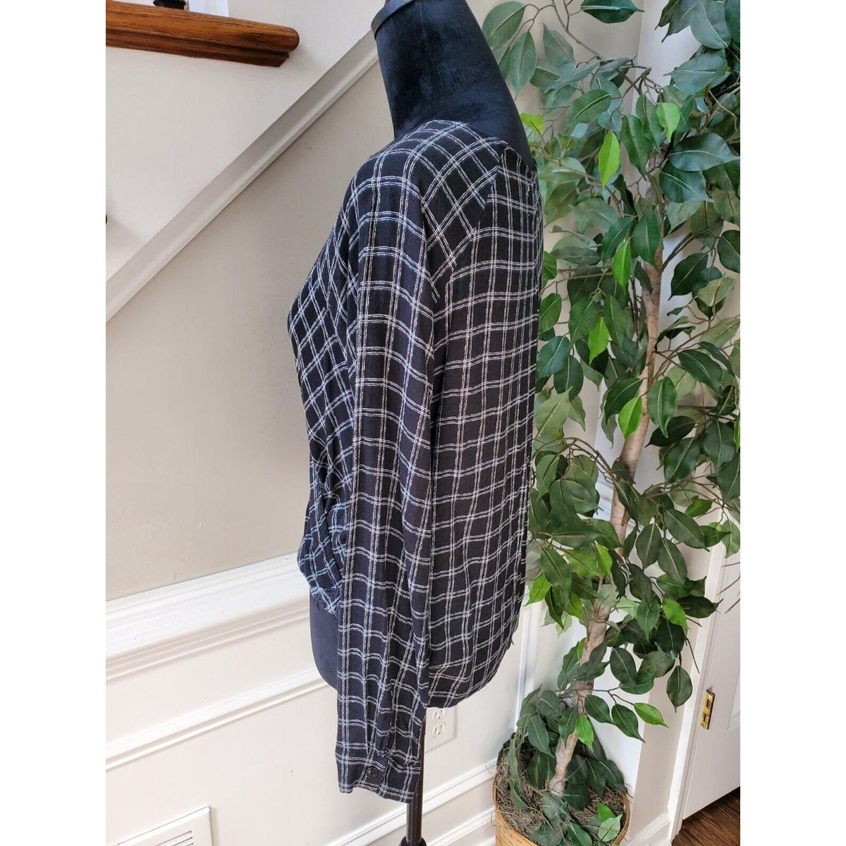 Urban Outfitters Black Blouse Plaid White Faux Wrap Open Front Cut Out Small