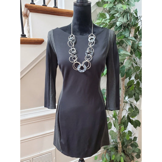 H&M Womens Black & Gray Viscose Round Neck Long Sleeve Knee Length Dress Medium