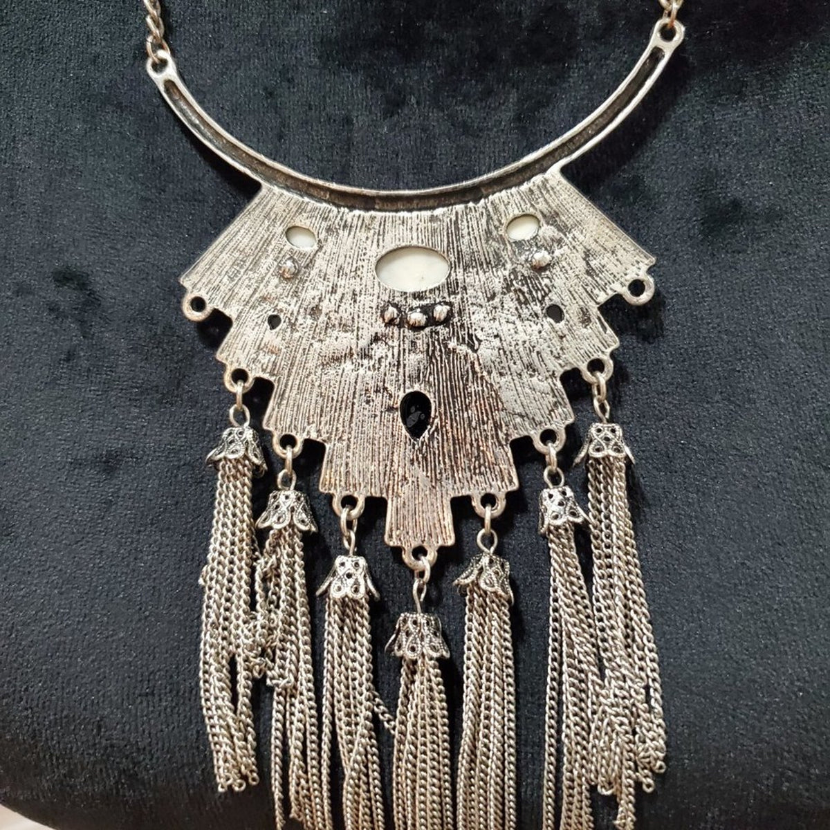 Women's Silver Turkish Statement Long Tassel and Pendant Necklace