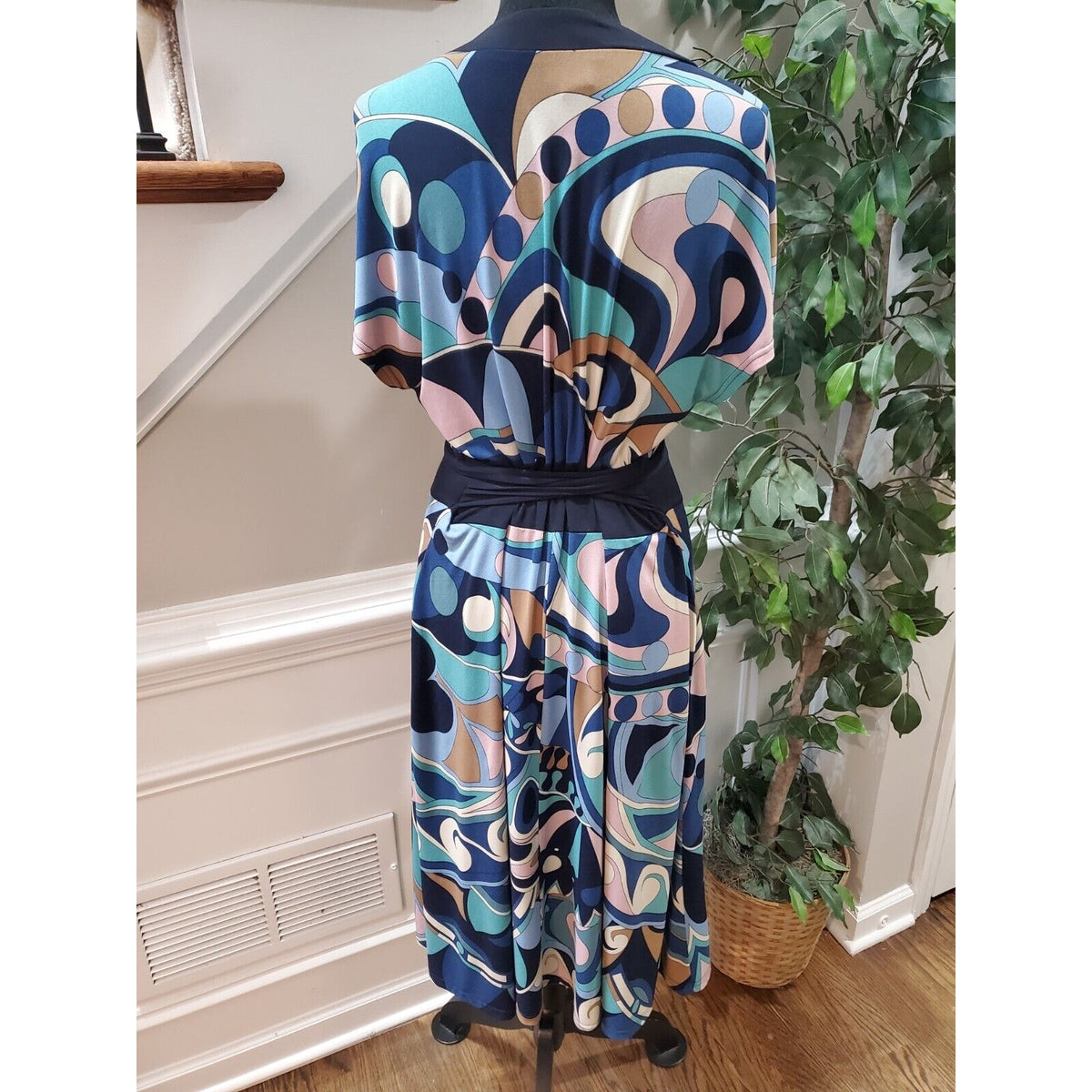 Sheri Martin Women's Blue Polyester Round Neck Short Sleeve Knee Length Size 14