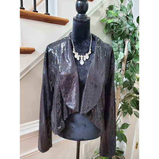 Ashley Stewart Women Black Polyester Long Sleeve Open Front Sequin Blazer 18/20