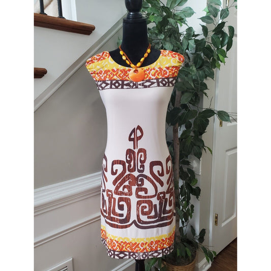 Sangria Women White & Yellow Polyester Round Neck Sleeveless Knee Length Dress 4