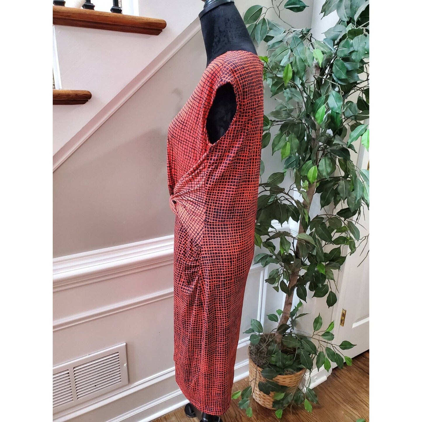 H By Halston Women's Orange Polyester Round Neck Sleeveless Knee Length Dress S