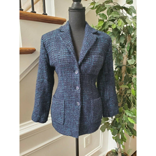 Vintage Austin Reed Women's Blue Cotton Collared Long Sleeve Blazer Coat