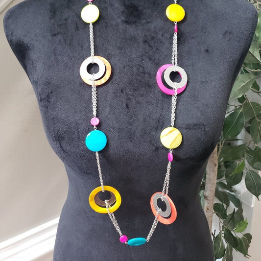 Womens Kaleidoscopically Captivating Chunky Colored Rings and Discs Necklace