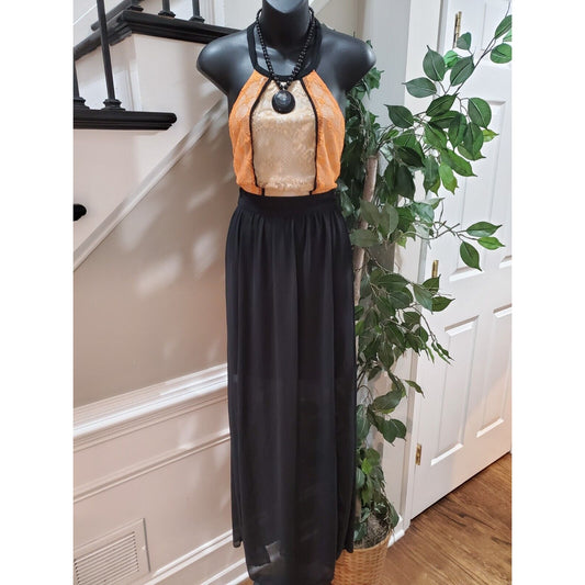 Jealous Tomato Women's Black & Yellow Round Neck Sleeveless Long Maxi Dress S