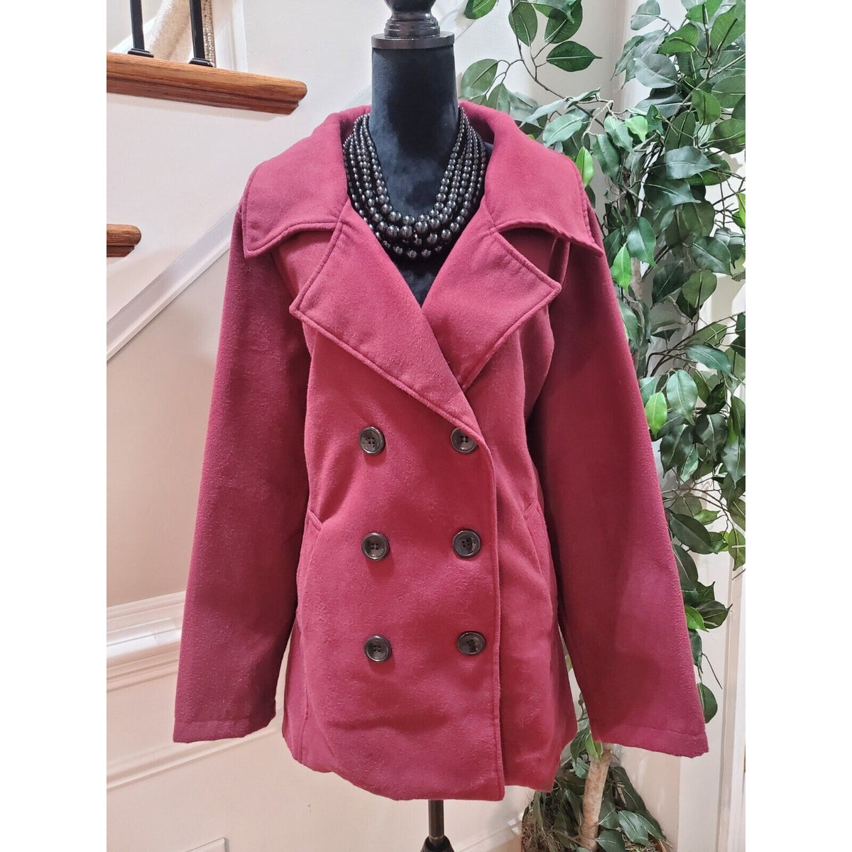 Me Jane Women Maroon Polyester Double Breasted Long Sleeve Buttons Front Coat 3X