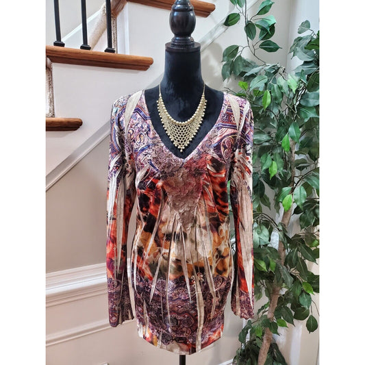 Live and Let Live Women Multicolor Polyester V-Neck Long Sleeve Top Blouse XL