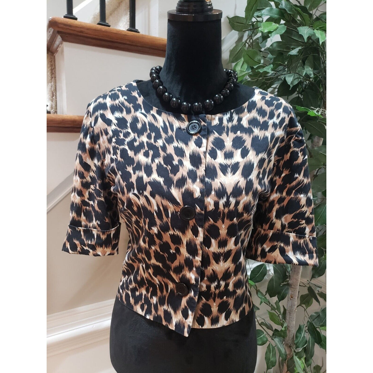 Courtenay Womens Brown Animal Print Half Sleeve Button Up Blazer Jacket Size 16