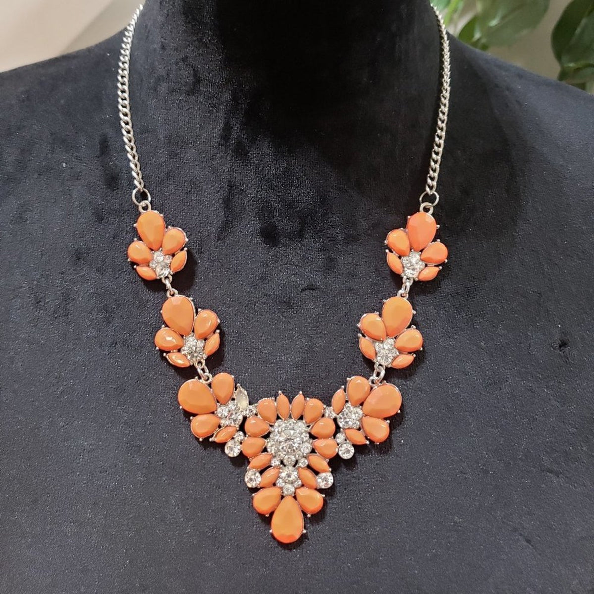 Coral Gem Stone Celluloid Flowers Clear Faceted Crystals Statement Necklace
