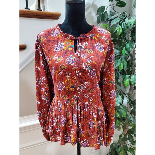 Women Brown Floral 100% Viscose Round Neck Long Sleeve Casual Top Blouse Size XL