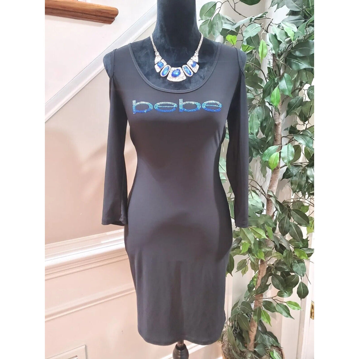 BEBE Women's Logo Blue Swarovski Black Knit Bodycon Dress Size XS