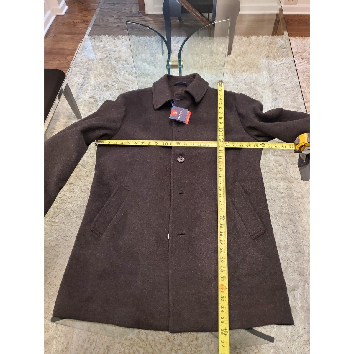 Stafford Mens Black Solid Long Sleeve Collared Button Front Casual Coat Size 38R