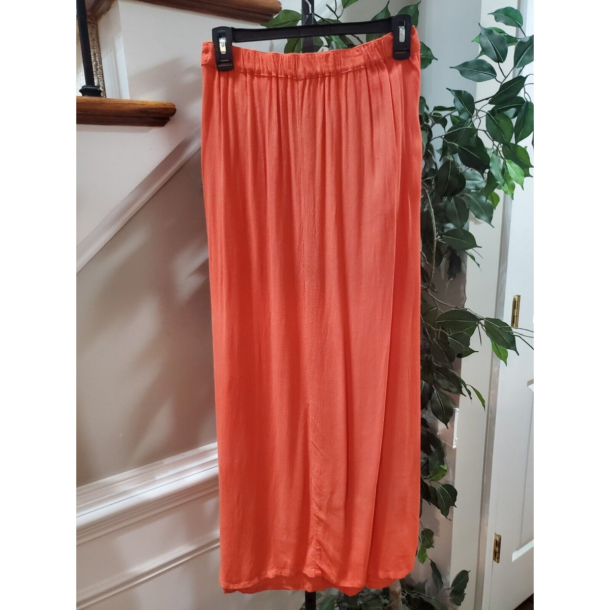 Women's Orange Solid Rayon Side Pockets & Elastic Waist Long Skirt Size Small