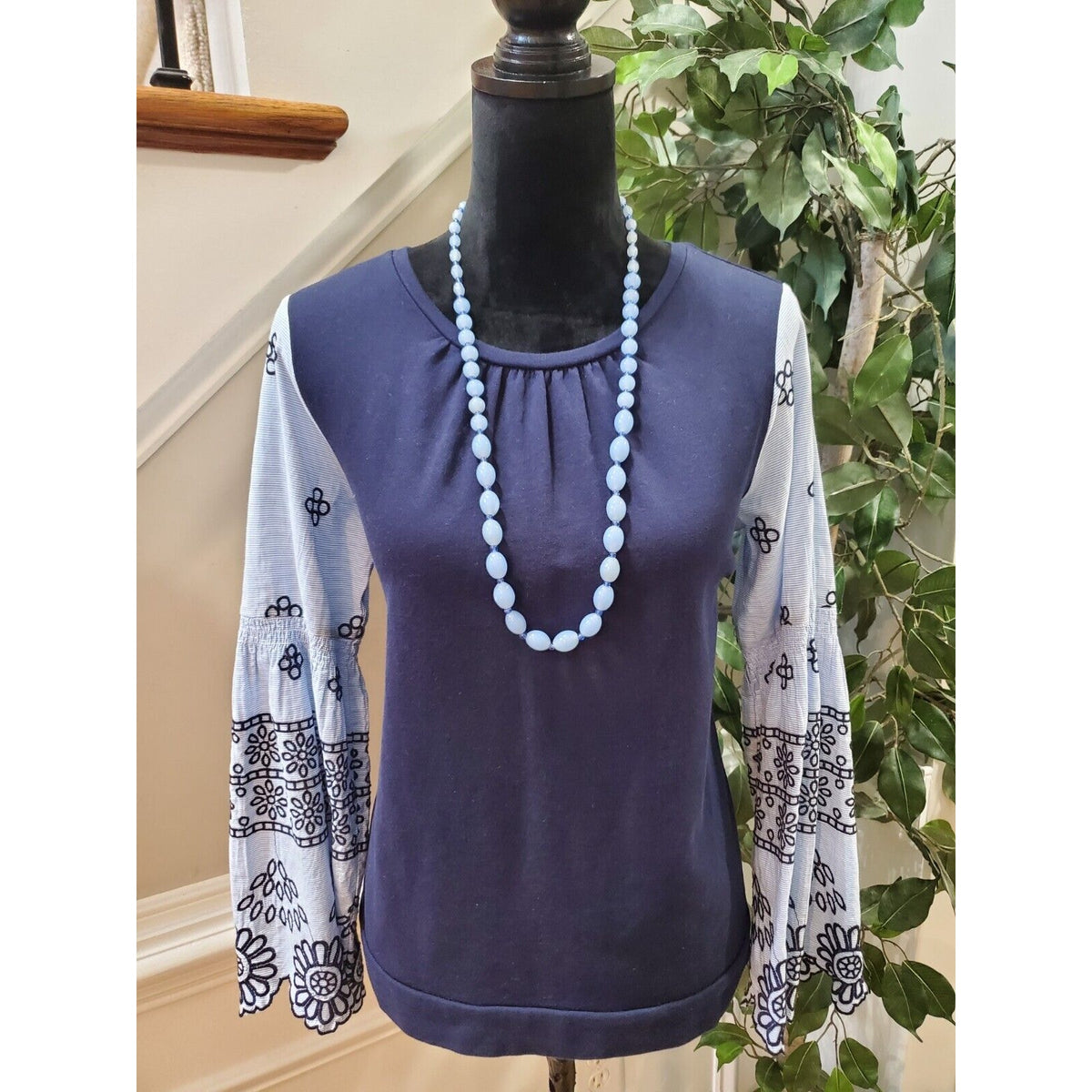 Crown & Ivy Women Blue 100% Cotton Round Neck Long Sleeve Top Blouse Size Small