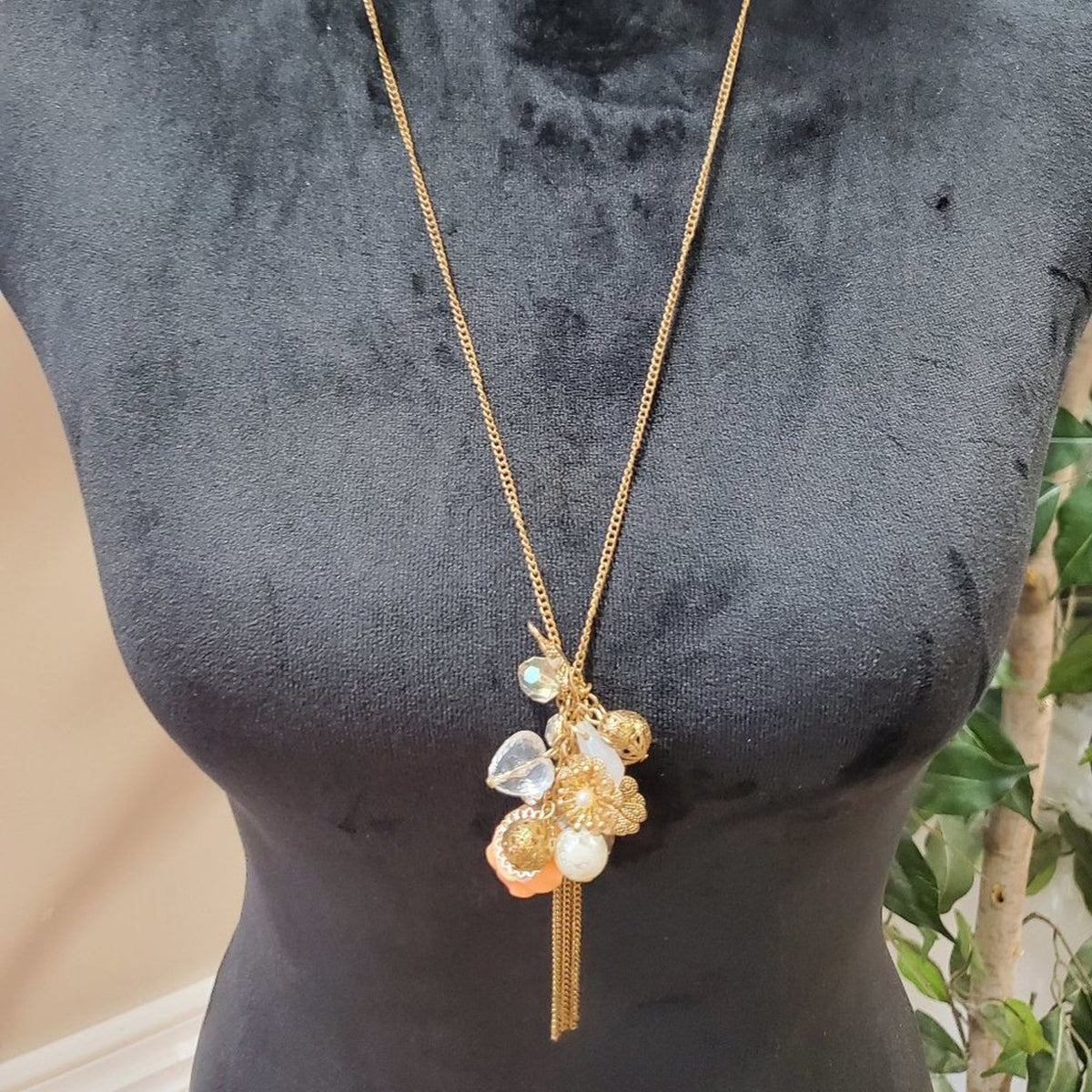Women's Yellow Gold Round Beaded Flower Long Pendant Necklace