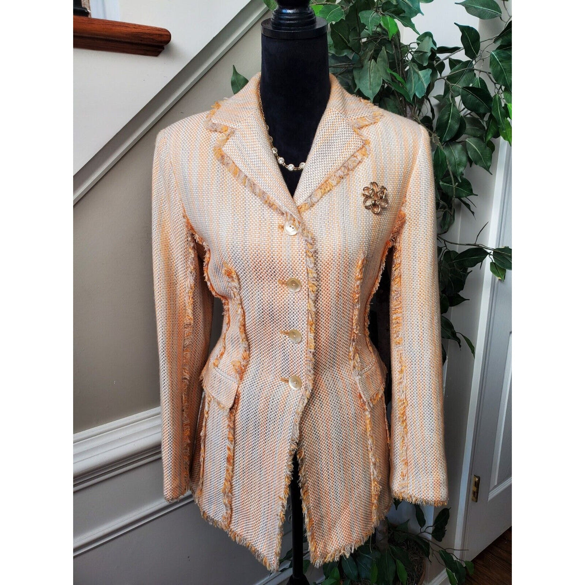 Larry Levine Yellow Long Sleeve Fringe Detailed Single Breasted Coat Size 8