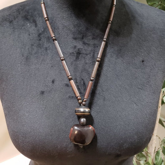 African Tribal Design Wooden Statement Necklace Brown Chunky Glass Beaded