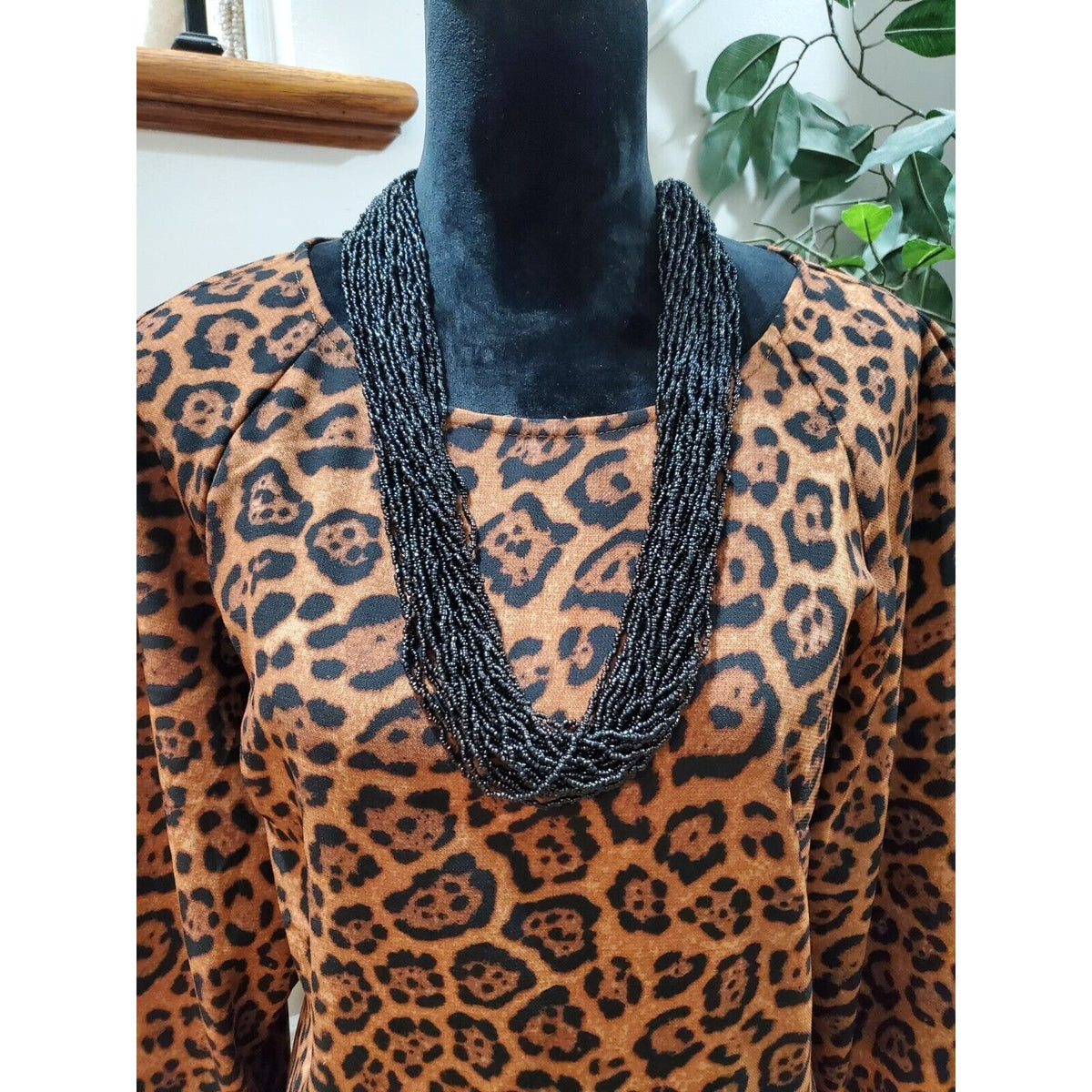 H&M Women's Brown & Black Polyester Round Neck Long Sleeve Knee Length Dress M