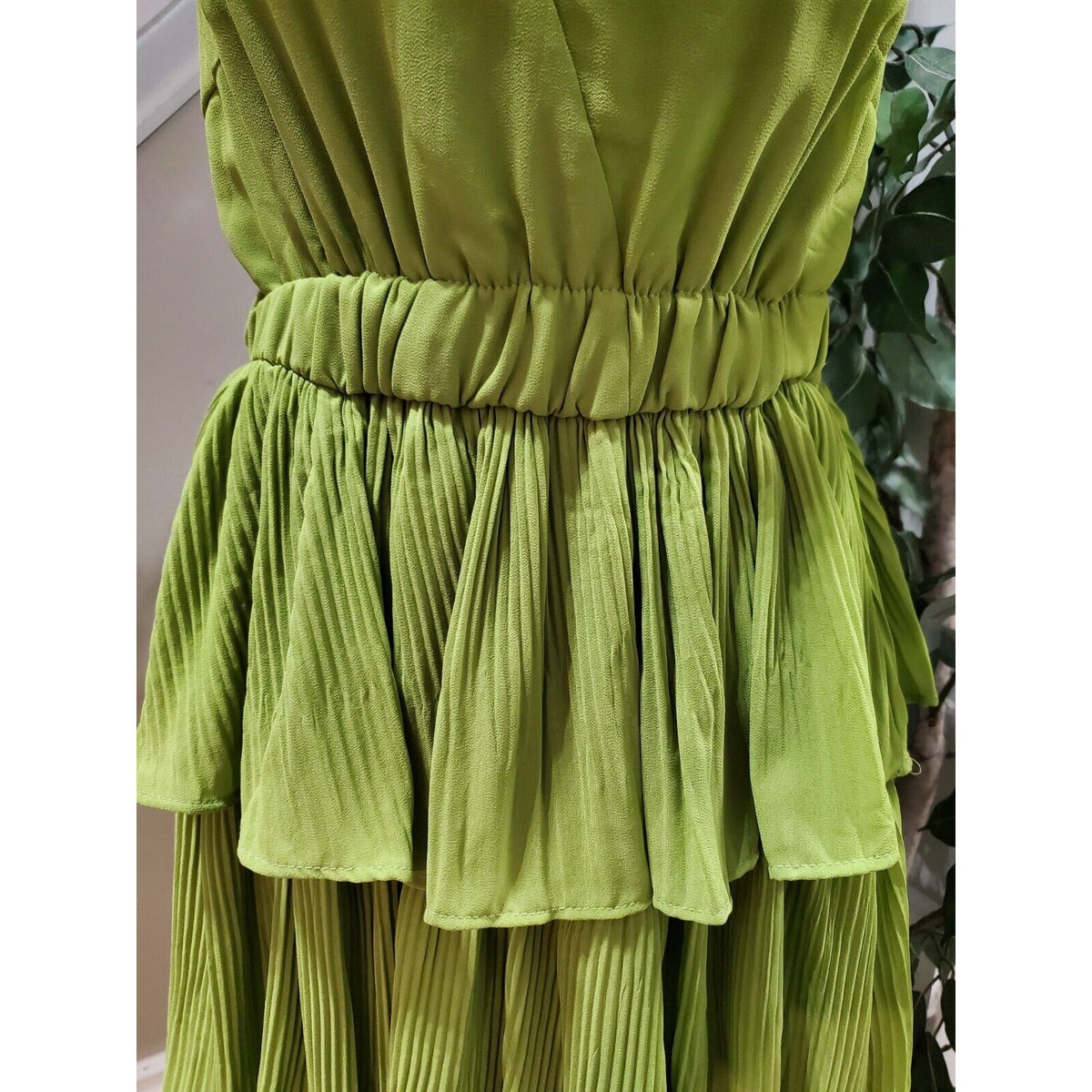 Women Sleeveless Pleated Layered Ruffled Summer Beach V-Neck Long Tiered Dress S