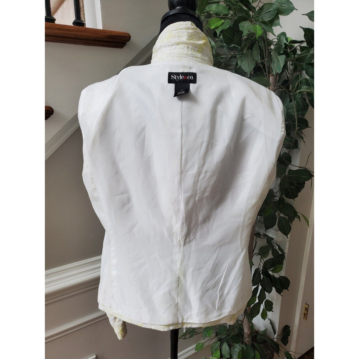 Style & Co Women White Floral Linen Long Sleeve Single Breasted Blazer Jacket 14