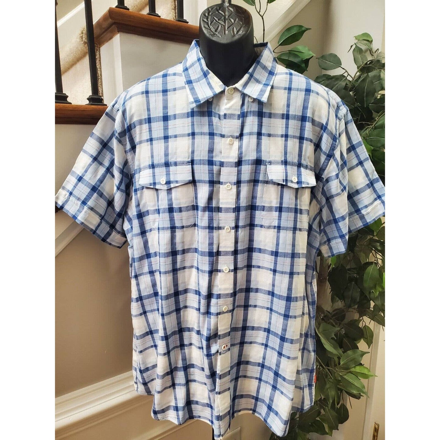 Izod Men's White & Blue Cotton Collared Half Sleeve Casual Button Down Shirt 2XL