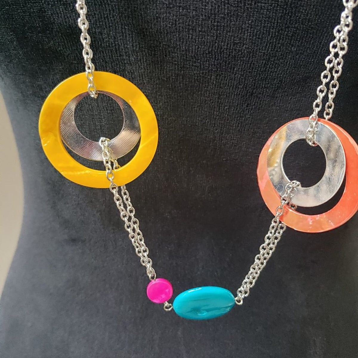 Womens Kaleidoscopically Captivating Chunky Colored Rings and Discs Necklace