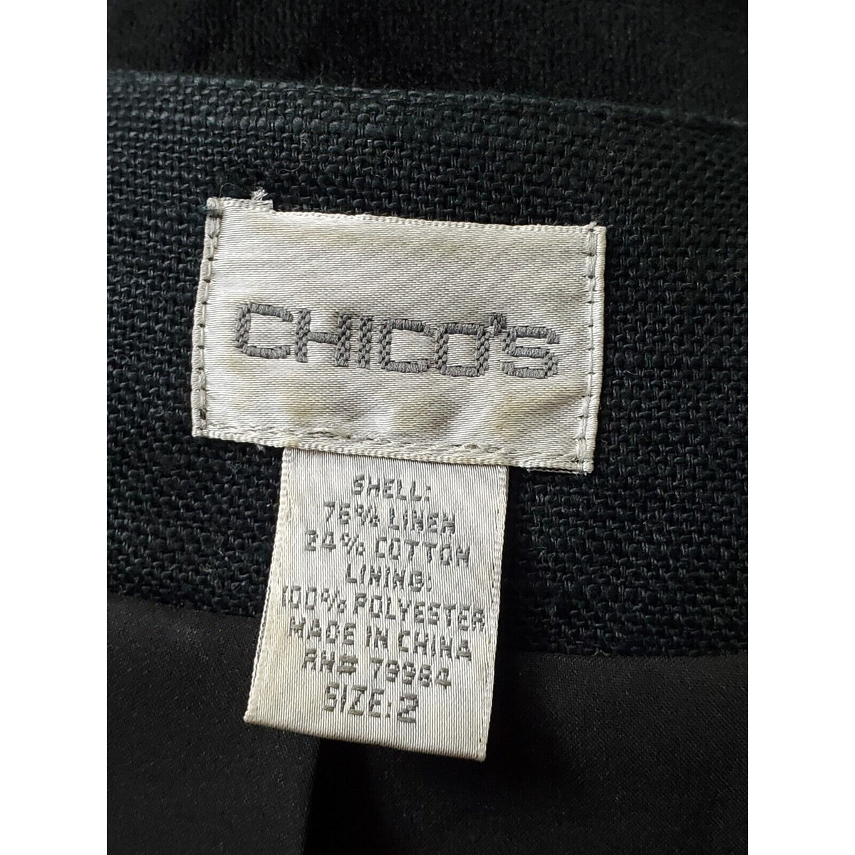Chico's Women's Black Linen Long Sleeve Casual Hook & Eye Jacket Blazer Size 2 L
