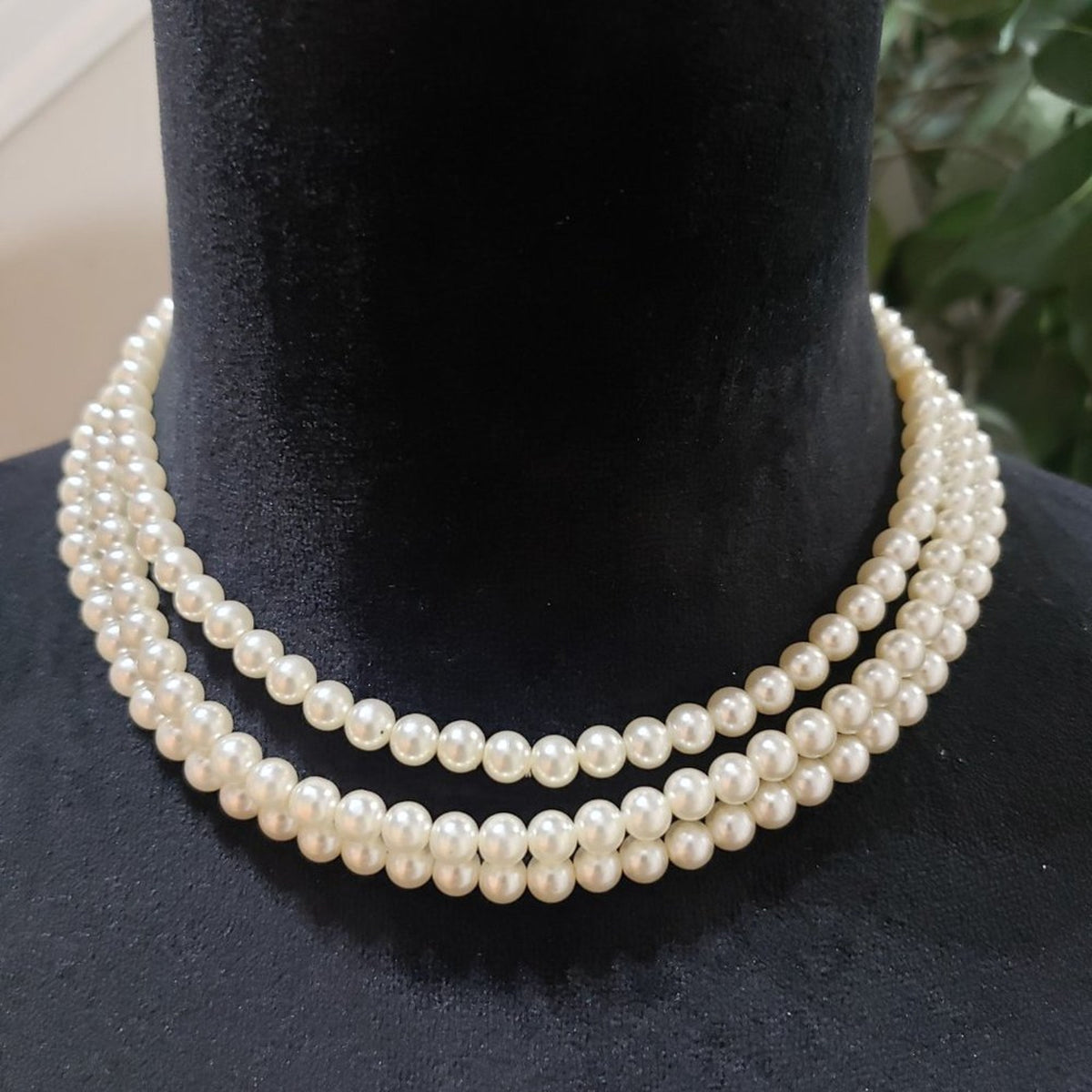 Womens Fashion White Simulated Pearl Bead Three Strands Choker Necklace Jewelry