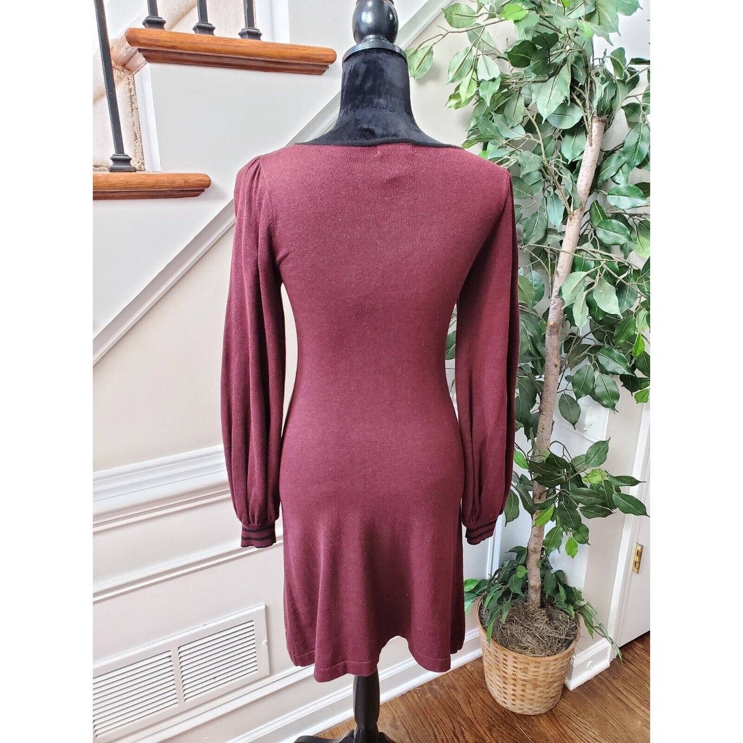 Max Studio Sweater Maroon Cotton Scoop Neck Long Sleeve Knee Length Dress XS