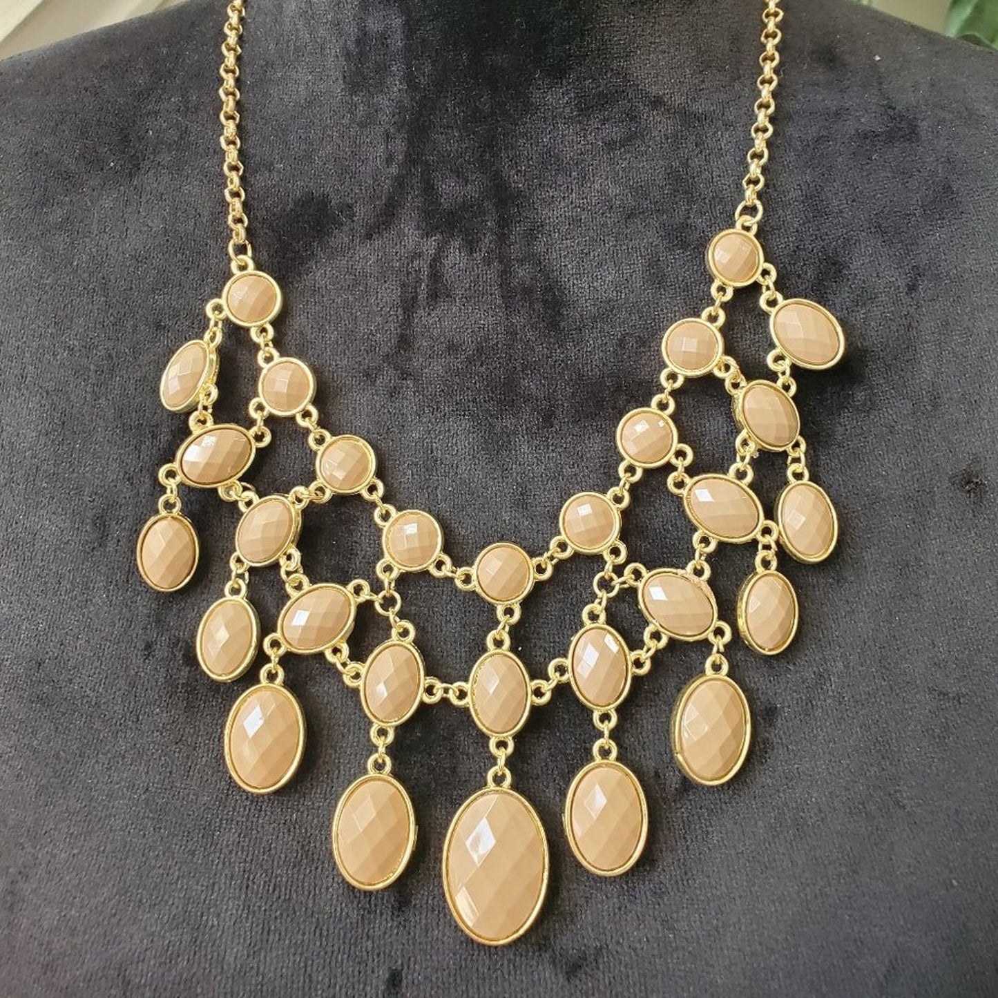 Women's Reversible Blue Beige Faceted Beads Gold Bib Statement Collar Necklace