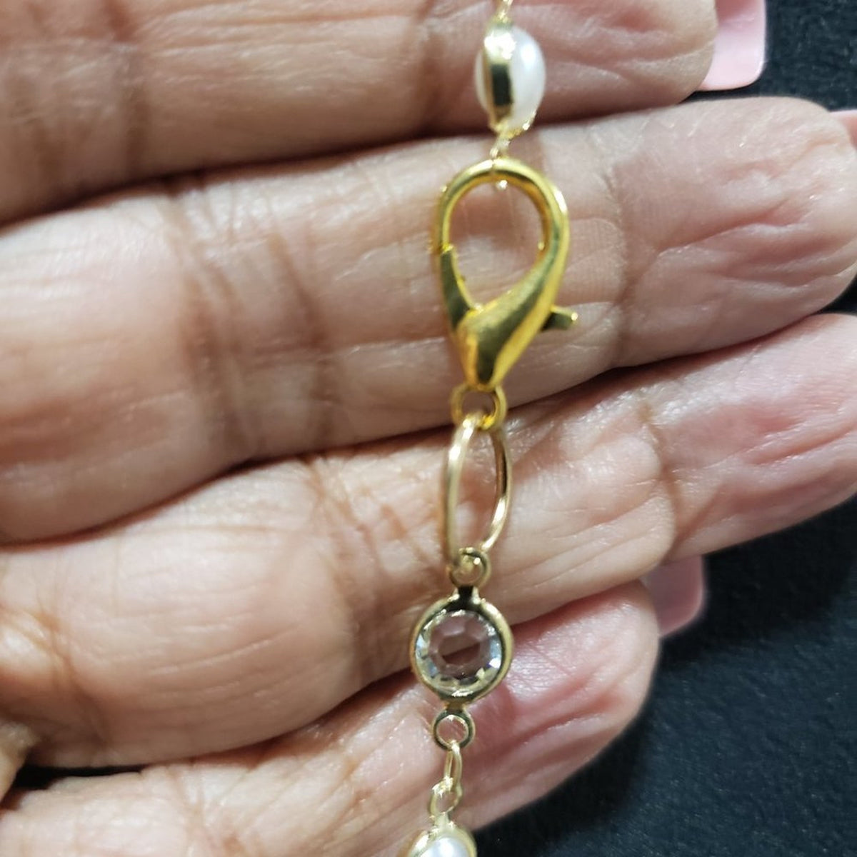 Womens Fashion Yellow Gold and Faux Pearl Beads Long Necklace w/ Lobster Clasp