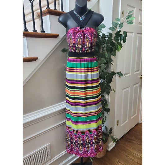Emma & Michelle Women's Multicolor Halter Neck Sleeveless Long Maxi Dress Size M