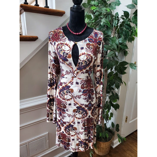 Venus Women's Multicolor Rayon Round Neck Long Sleeve Casual Knee Length Dress M