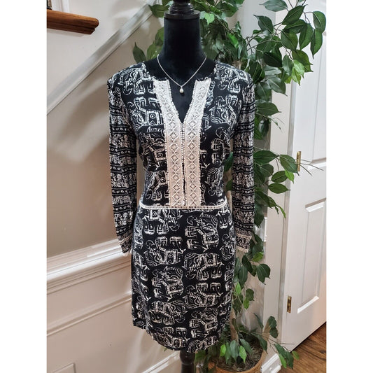 Merona Black & White Elephant Batik Print Long Sleeve 100% Rayon Dress Small