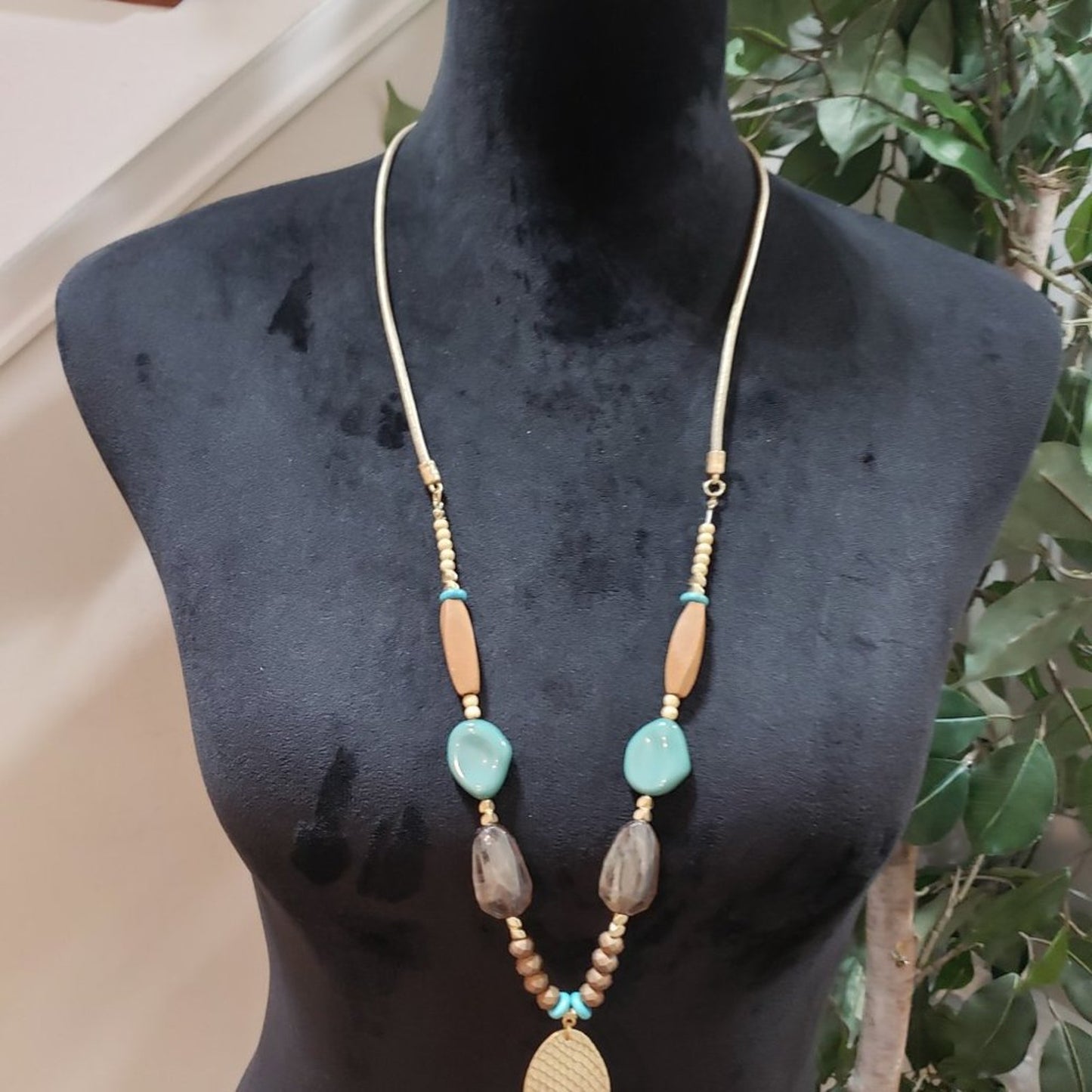 Womens Blue Rhinestone Tribal Beads Jewelry Beaded Teardrop Necklace