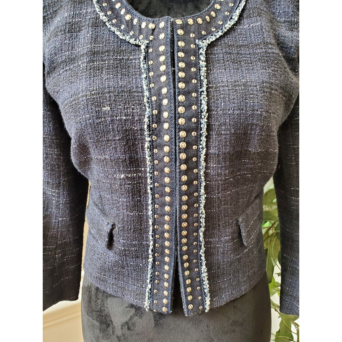 Ann Taylor Loft Women's Blue Cotton Long Sleeve Casual Crome Studded Blazer 4