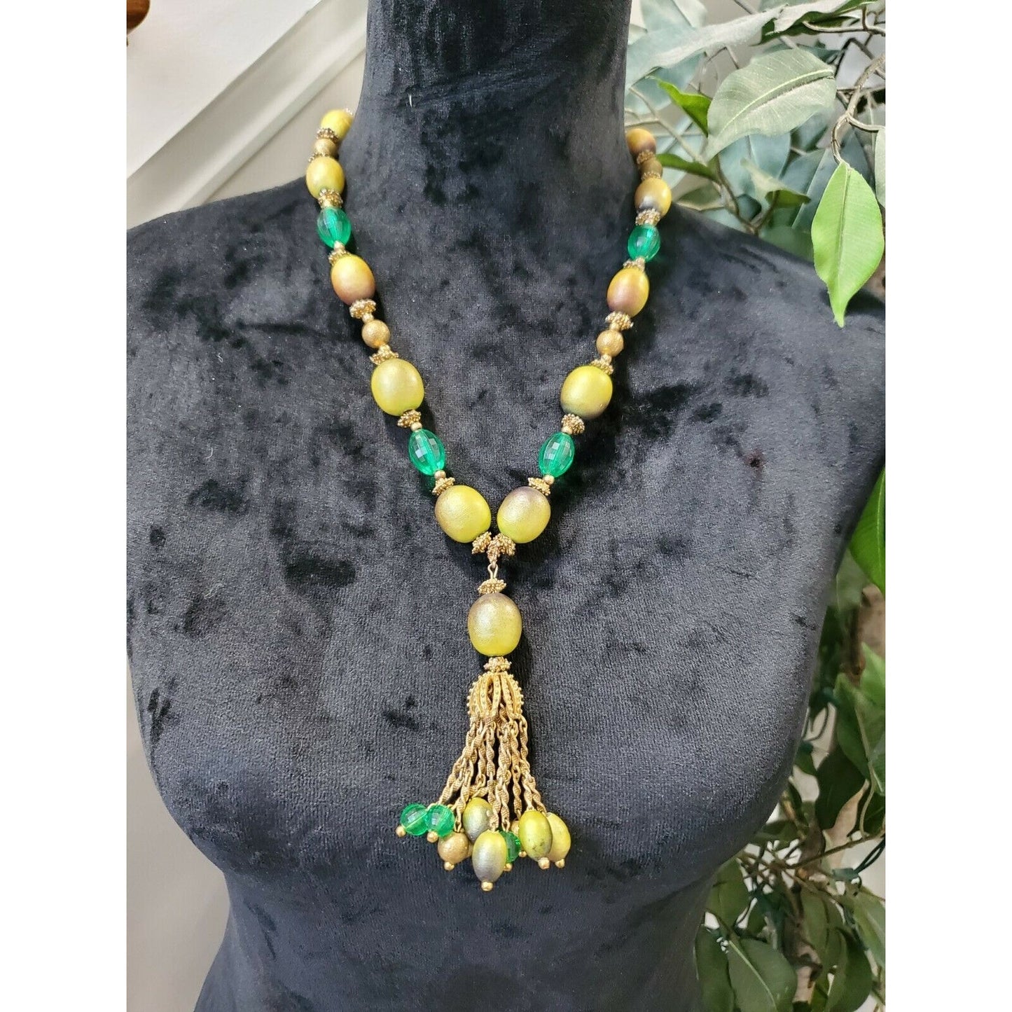 Vintage Wooden Green Olive, Crystal & Gold Ball Dangle Necklace 24"