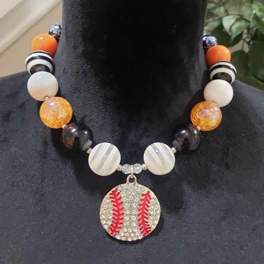 Women White Stripe Beads, Bubblegum Chunky Baseball Giants Tigers Bead Necklace