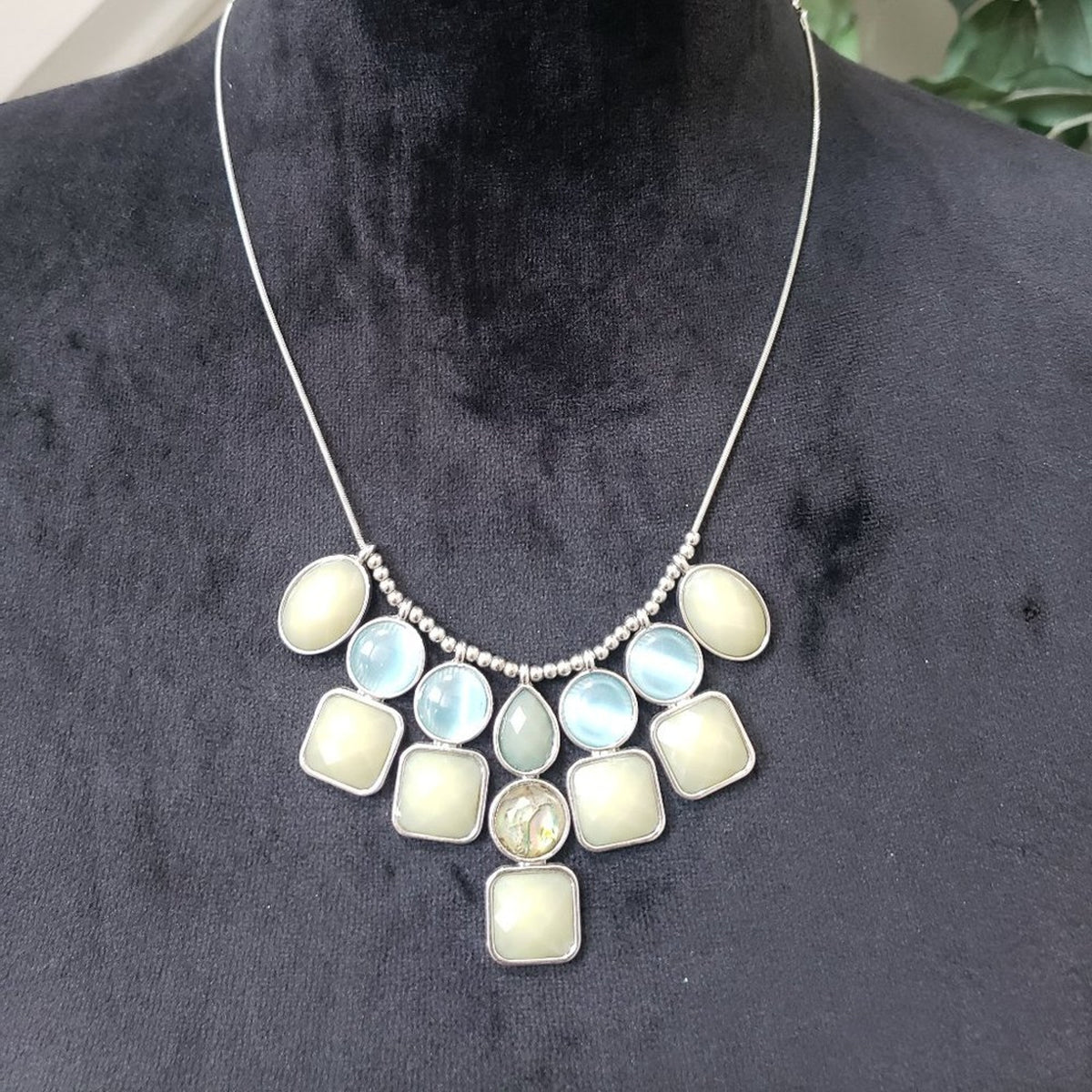 Green Blue Acrylic Bead Necklace Square Round Dangles Bib Silver Tone