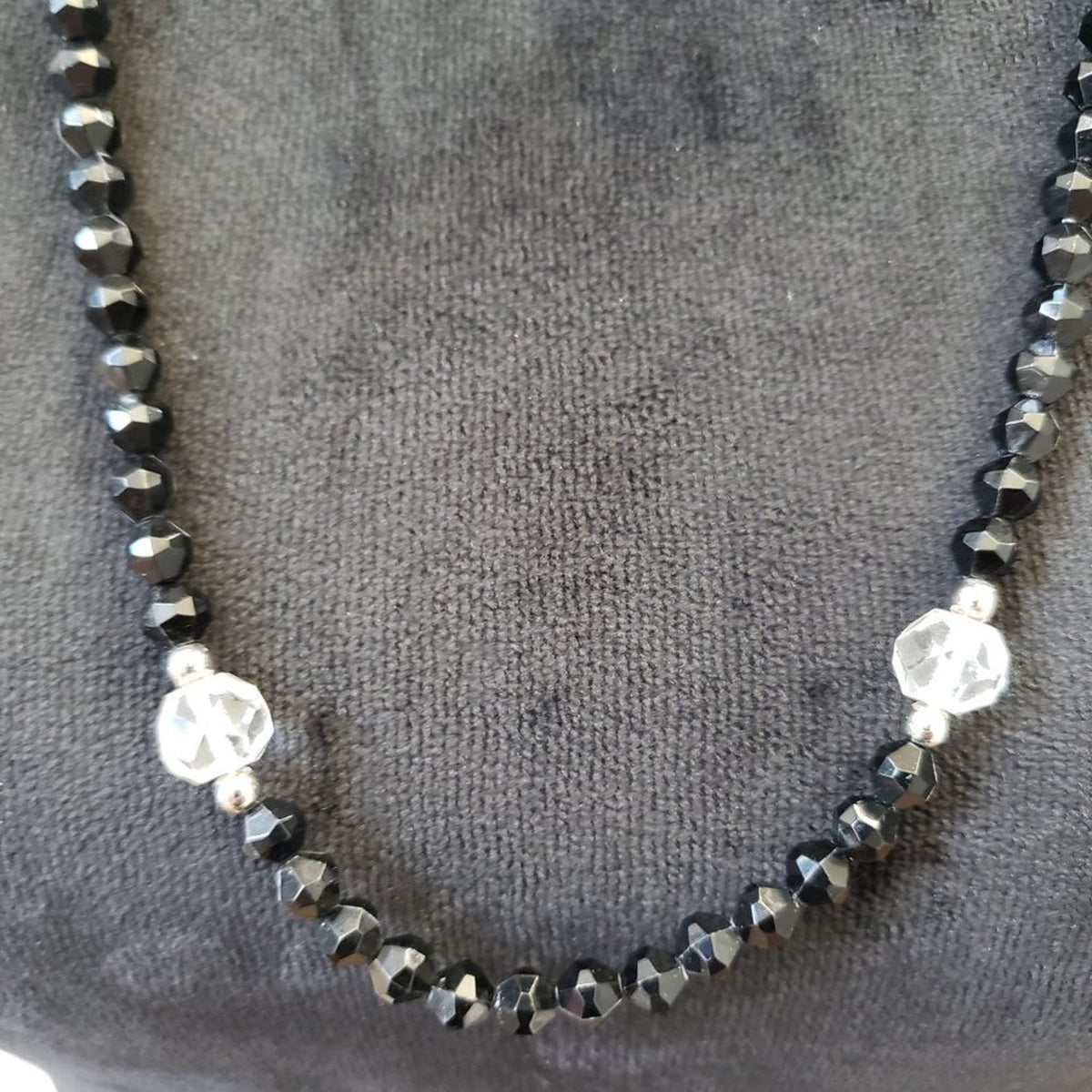 Womens Fashion Black Beads White Clear Crystals Long Necklace with Lobster Clasp