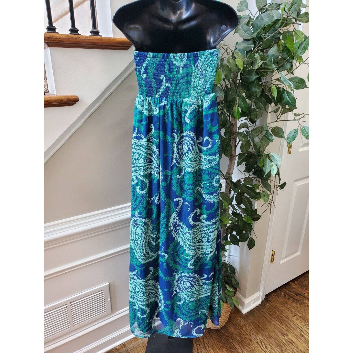 Old Navy Women's Blue & Green Polyester Off The Shoulder Long Maxi Dress Size S