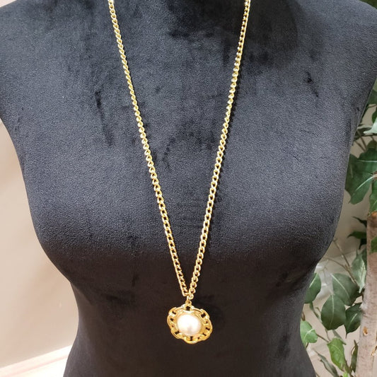 Womens Fashions Gold Tone Faux Pearl Logo Pendant Necklace with Lobster Clasp