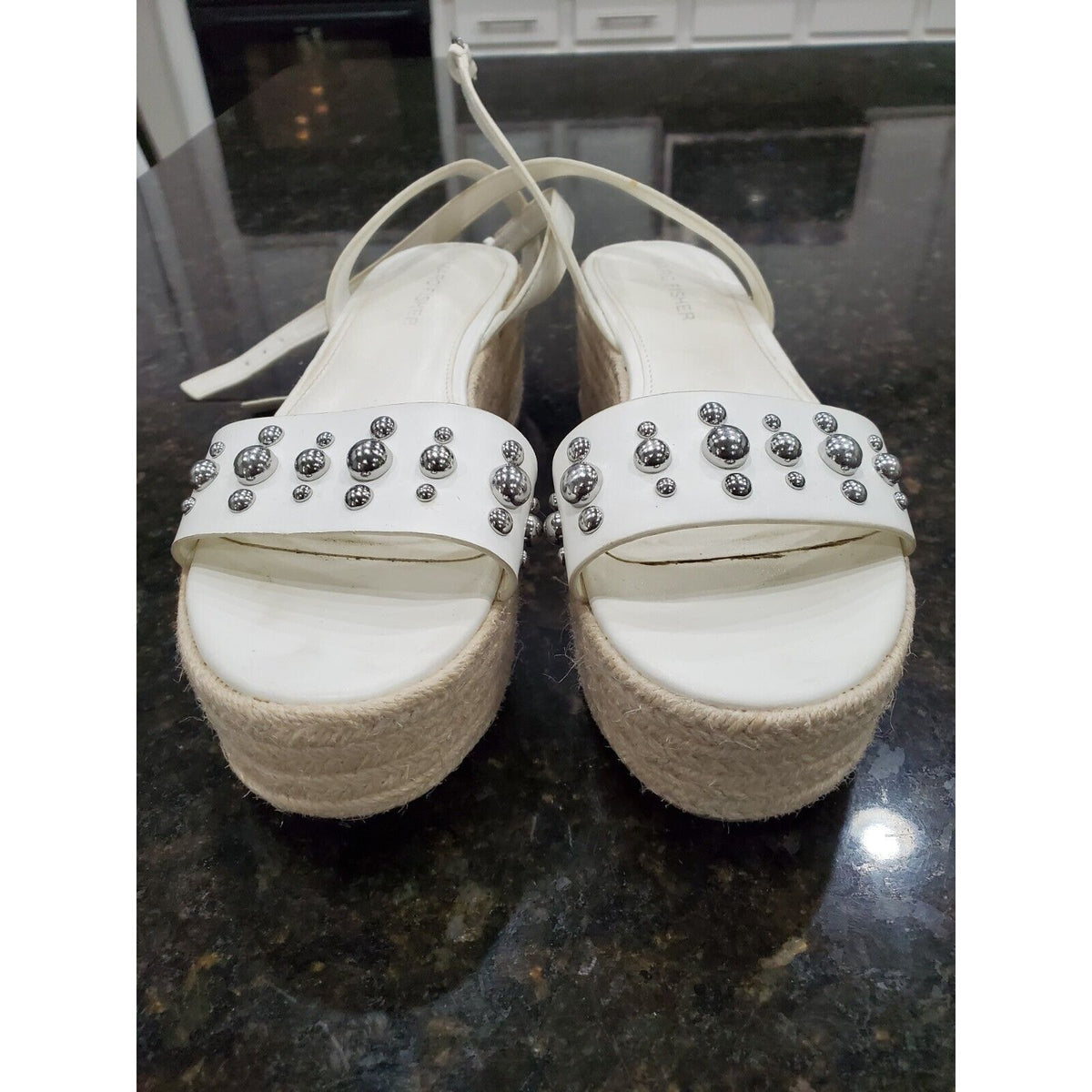 Marc Fisher Joyce Silver Studded Platform Espadrille Sandals White Women Size 7M