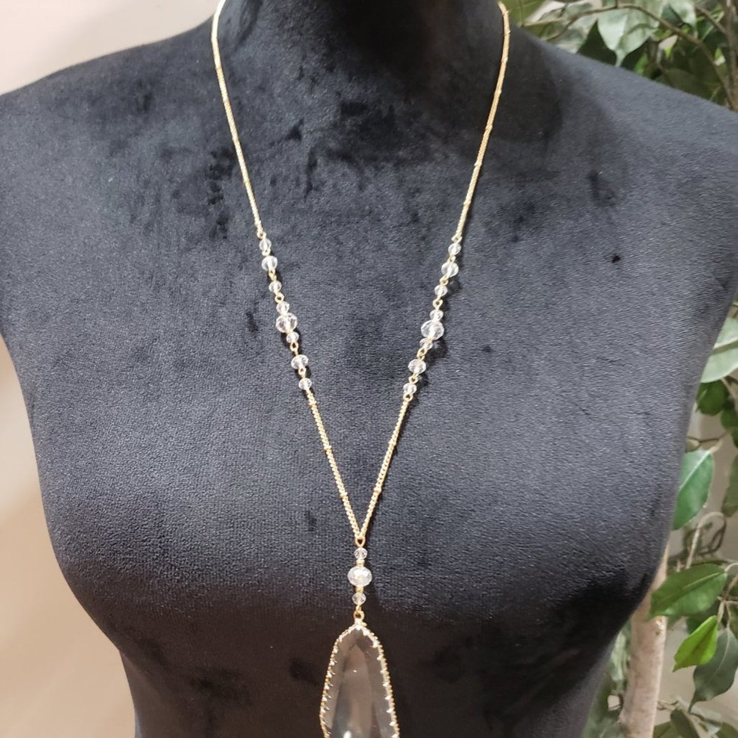 Womens Long Necklace with Teardrop Crystal and Glass Beads with Gold Chain